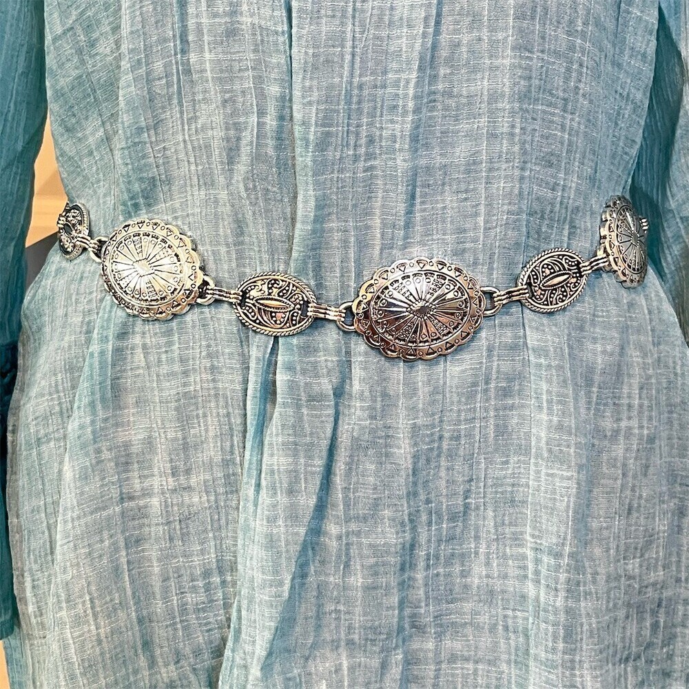 Cowgirl Western Concho Boho Chain Belt Silver Oval Disc Adjustable Hippie Gypsy - Picture 2 of 11